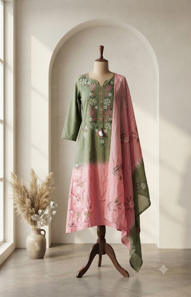 GREEN PINK  MUL COTTON KURTI SET-1794