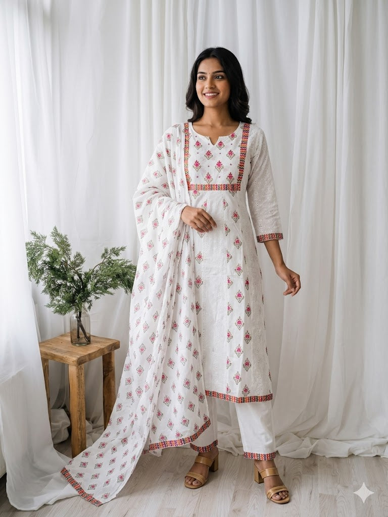WHITE FLORAL PRINT KURTI SET-1605