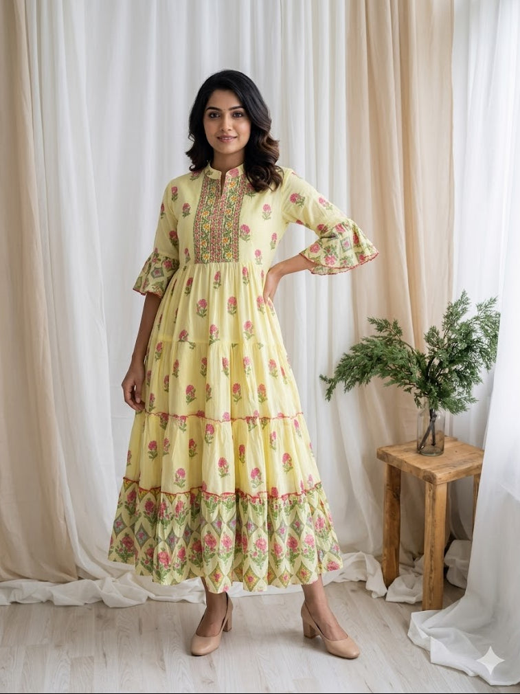 FLORAL RUFFLE YELLOW DRESS-3012