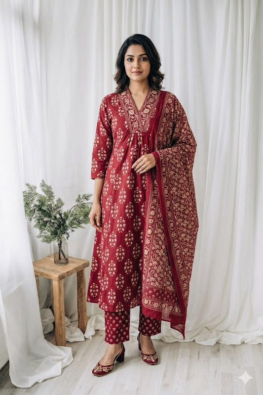 MAROON BLOOM KURTI SUIT-2037