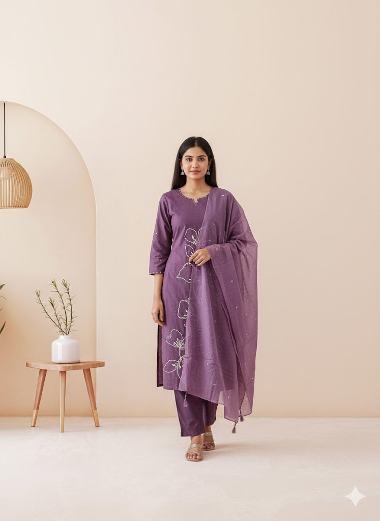 PURPLE PETALINE KURTI SET-1515