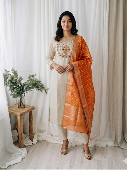 FUSION HUES CREAM ETHNIC SUIT-1531
