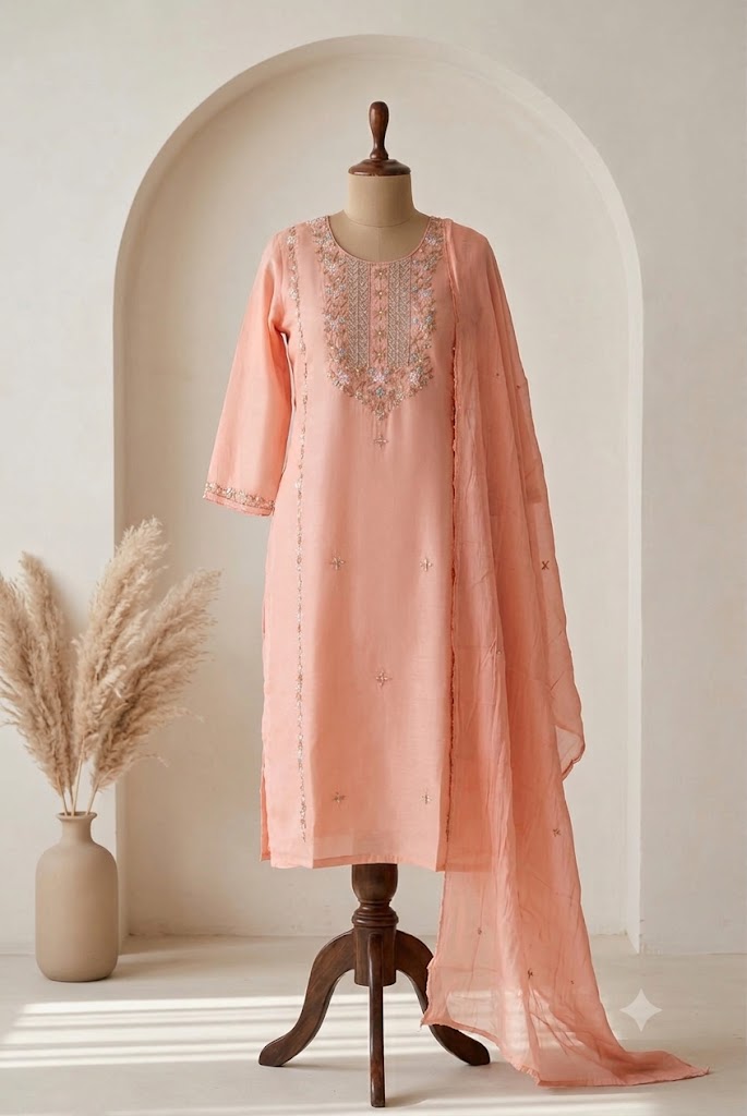 PEACH VISCOSE ETHNIC SUIT-1453