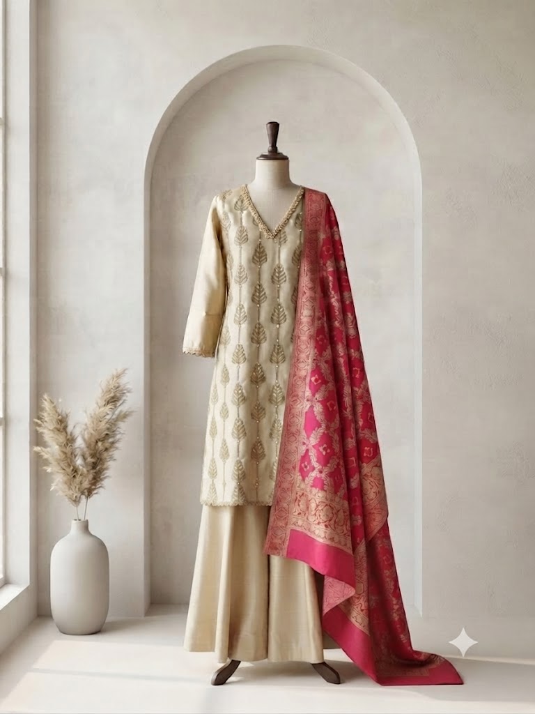 CREAM TISSUE ETHNIC SUIT-1541