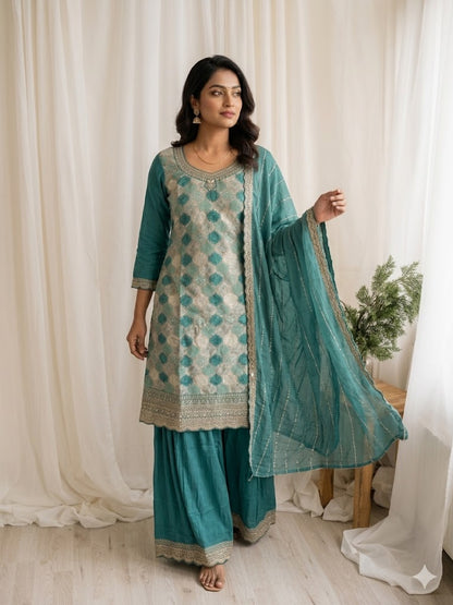 JACQUARD GREEN SHARARA SUIT-1356