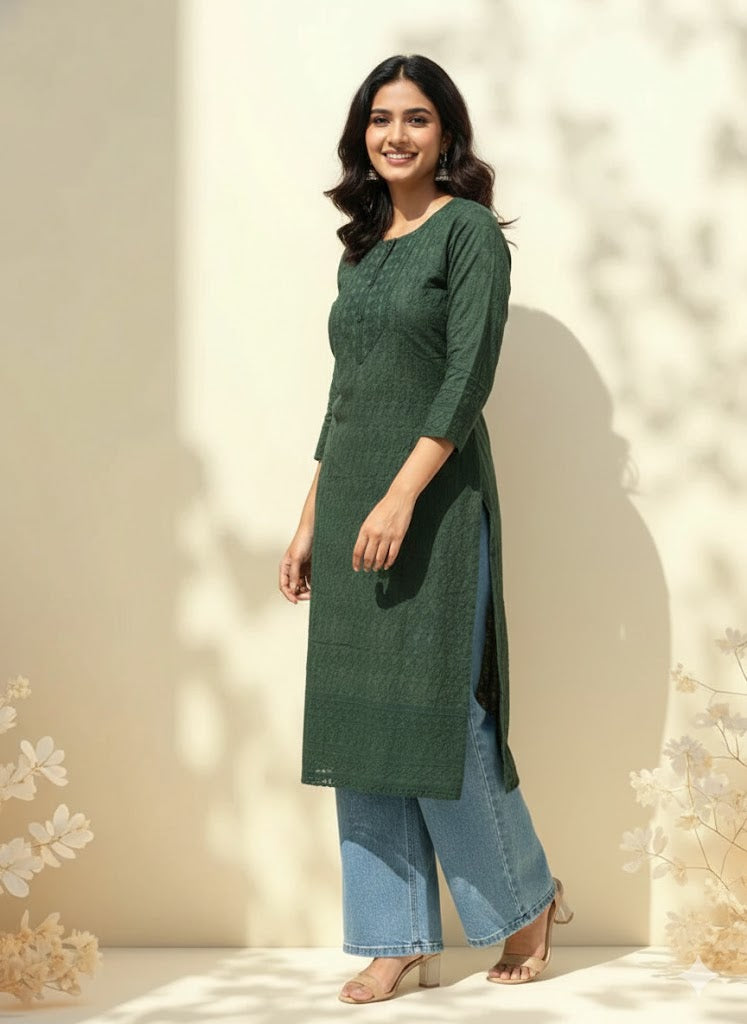 GREEN CHIKANKARI KURTI-1505