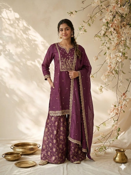 JACQUARD PURPLE SHARARA SUIT-1371