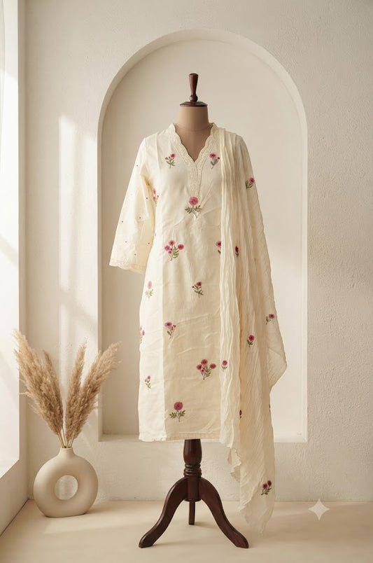 WHITE FLORAL KURTI SET-1646