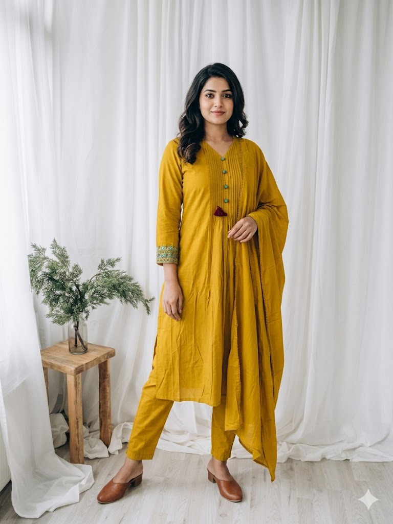 YELLOW COTTON KURTI SET-2076