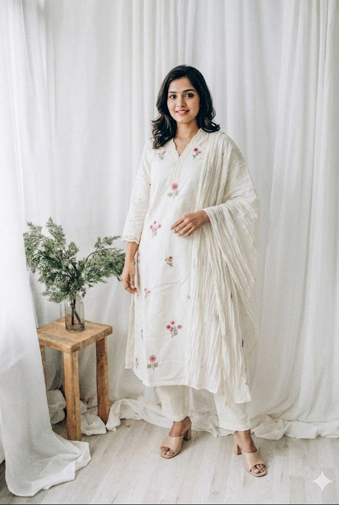 WHITE FLORAL KURTI SET-1646