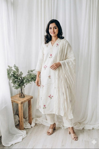 WHITE FLORAL KURTI SET-1646