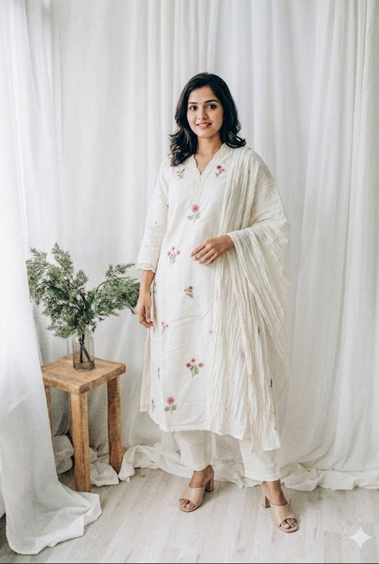 WHITE FLORAL KURTI SET-1646