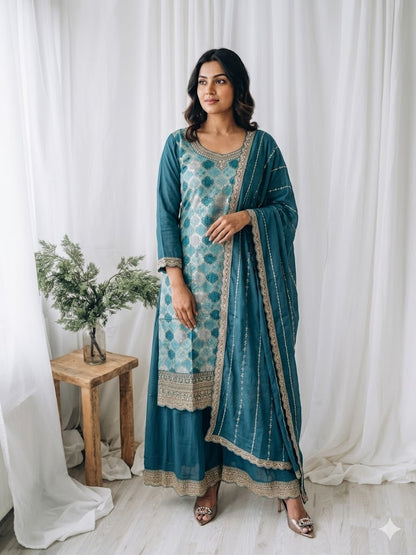 JACQUARD BLUE SHARARA SUIT-1355