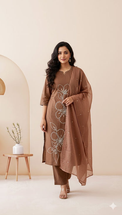 BROWN PETALINE KURTI SET-1515