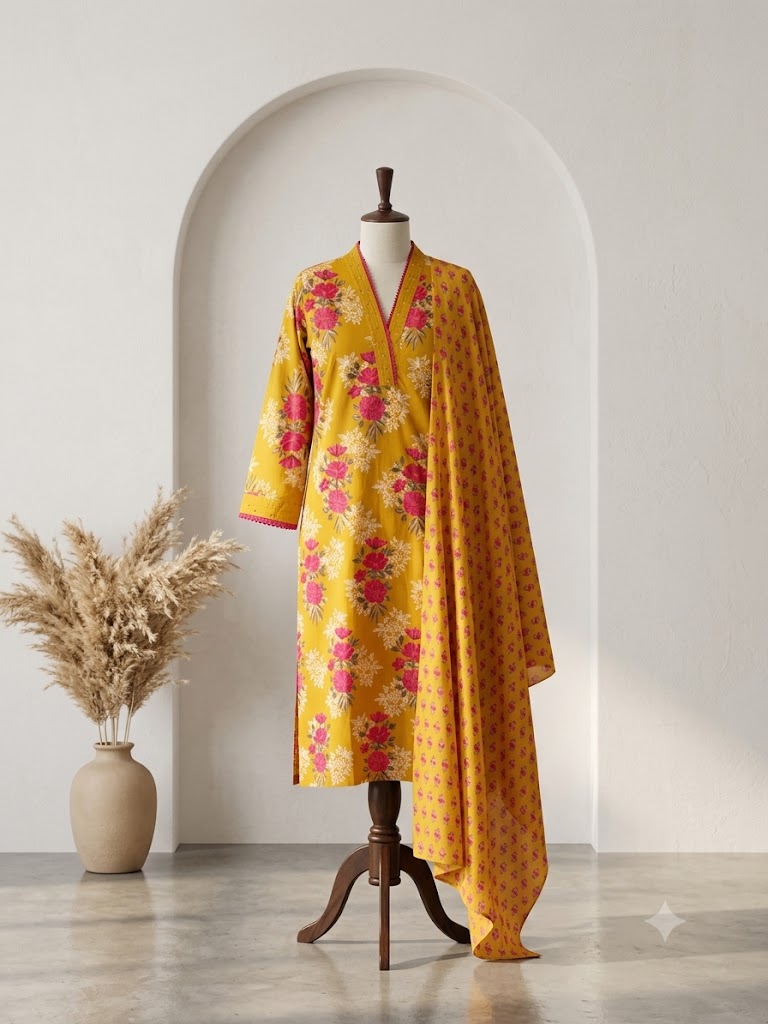 YELLOW COTTON KURTI SET-1080
