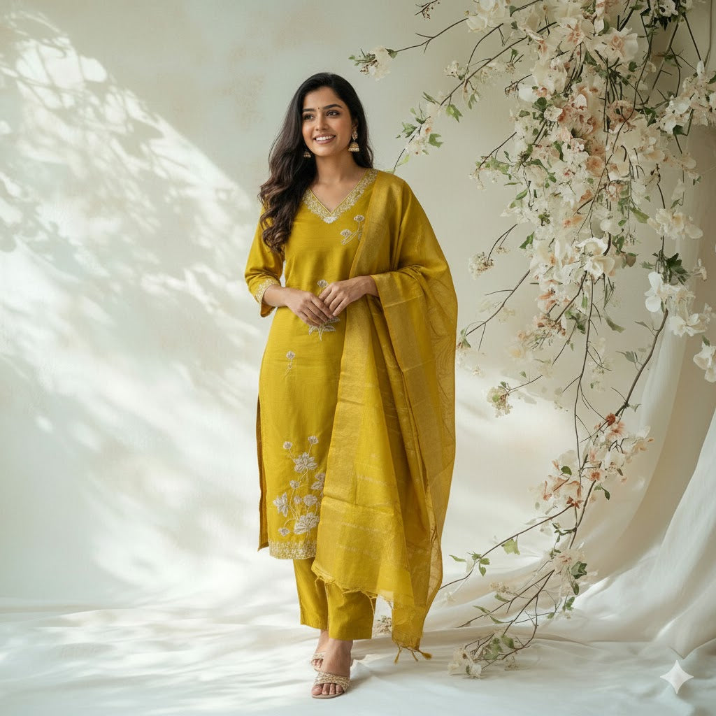 YELLOW FLORAL LOOM ETHNIC SUIT - 1476