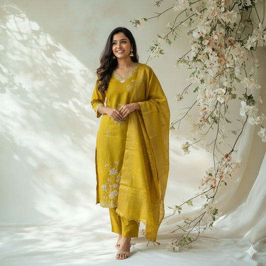 YELLOW FLORAL LOOM ETHNIC SUIT - 1476
