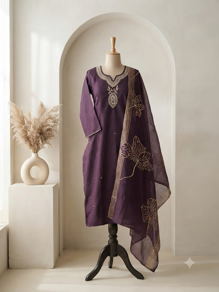 ROYAL WEAVE PLUM ETHNIC SUIT-1573