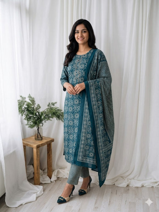 CASUAL COMFORT TEAL BLUE KURTI SET-1413