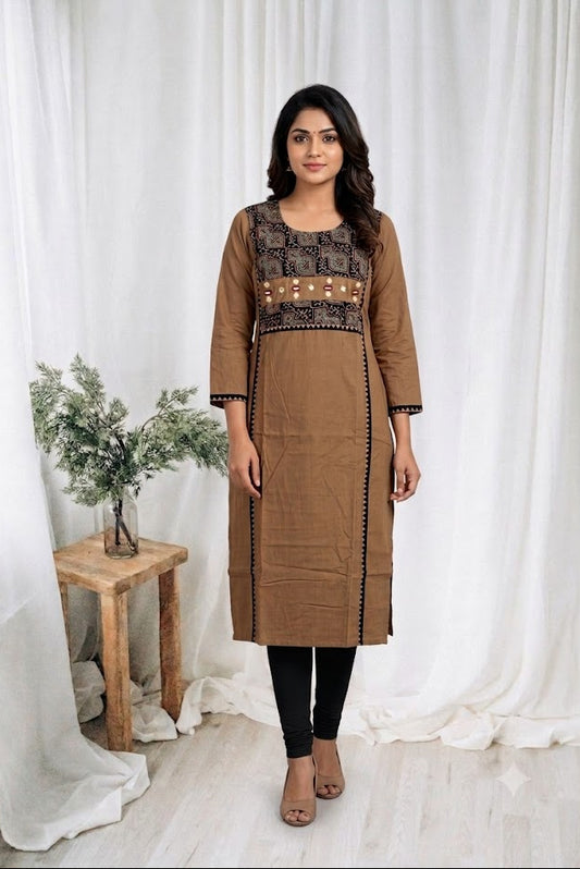 AJRAKH MIRROR BROWN KURTI-6089