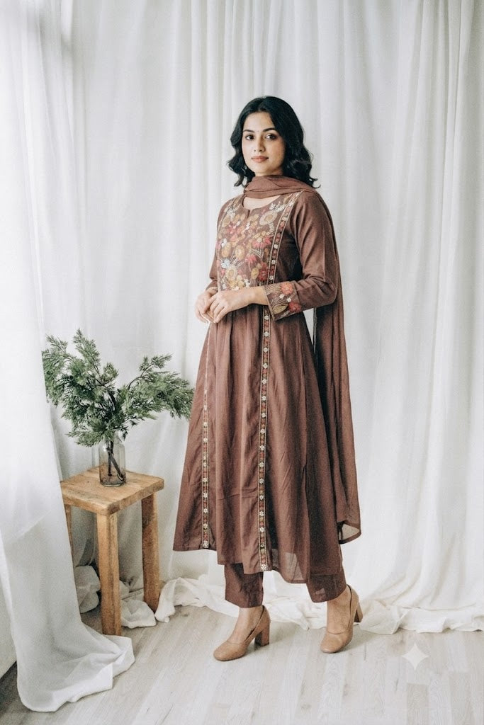 BROWN FLORAL KURTI SET-1752