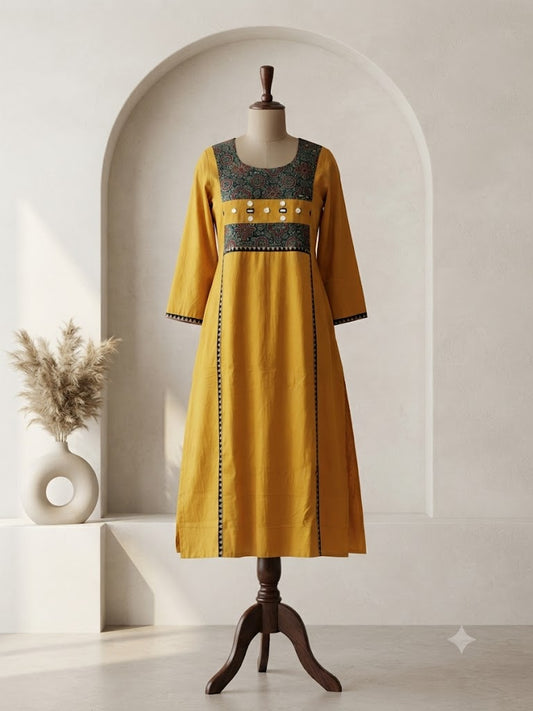 YELLOW AJRAKH MIRROR KURTI-6153