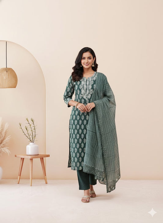 GREEN PRINT TW KURTI SET-1512