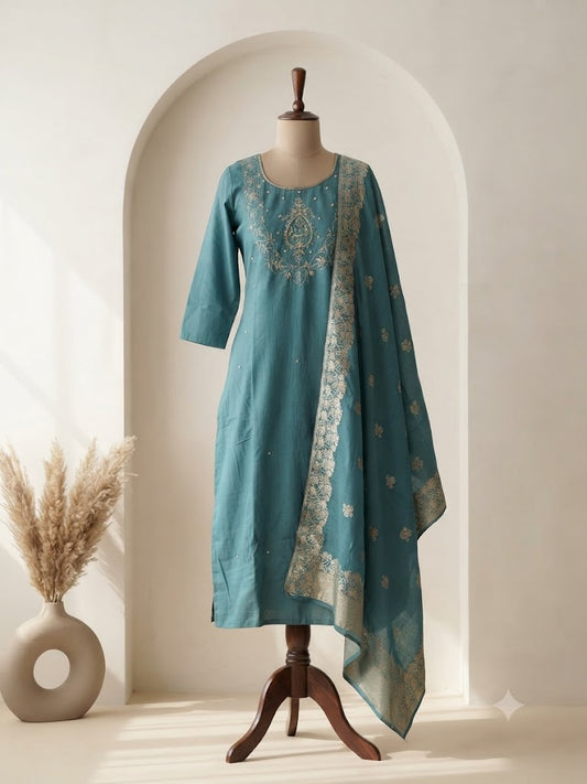 ROYAL WEAVE POWDER BLUE ETHNIC SUIT-1578
