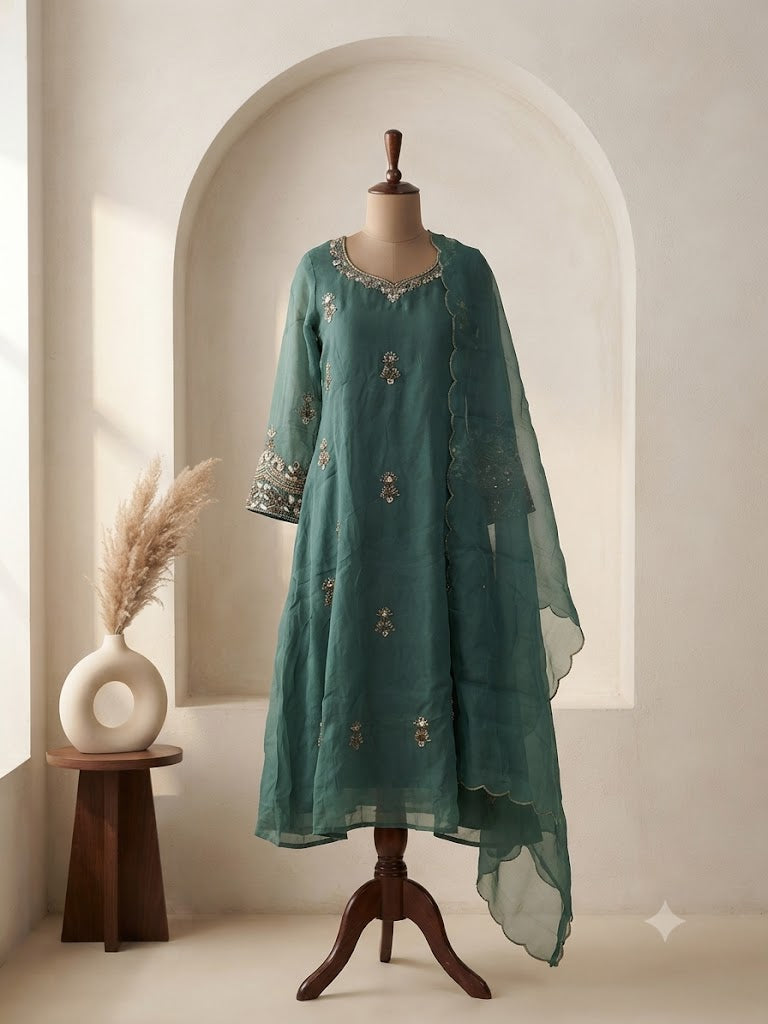 MINT GREEN VISCOSE ORGANZA ETHNIC SUIT-1783