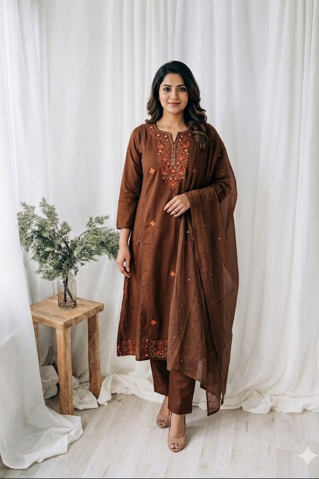BROWN COTTON KURTI SET-1642