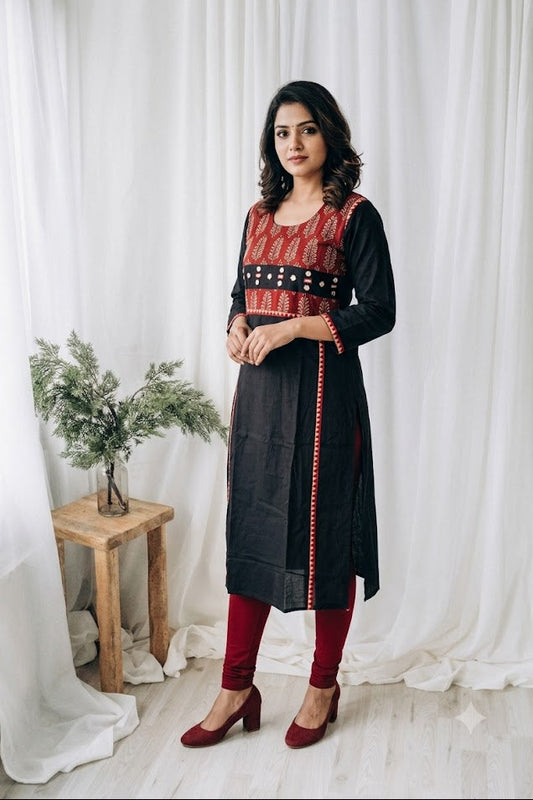 AJRAKH MIRROR BLACK KURTI-6089