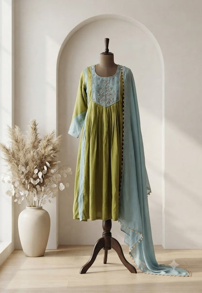 GREEN CHANDERI ETHNIC SUIT-1790
