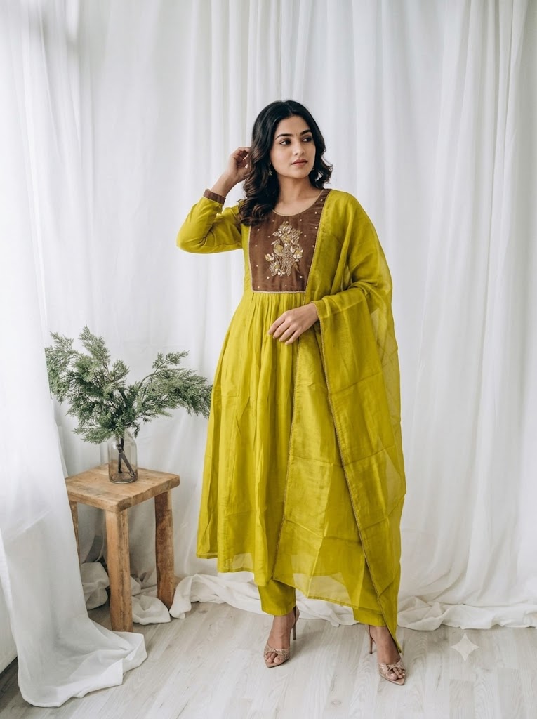 GREEN CHANDERI ETHNIC SUIT-1729