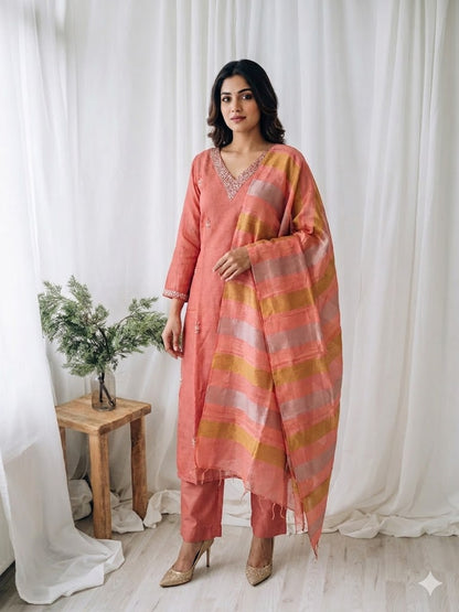 PEACH CHANDERI ETHNIC SUIT-1451