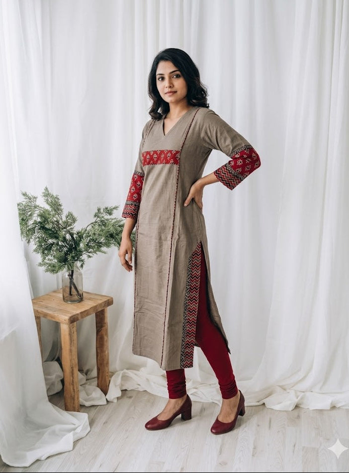 GREY AJRAKH PRINT KURTI-6036