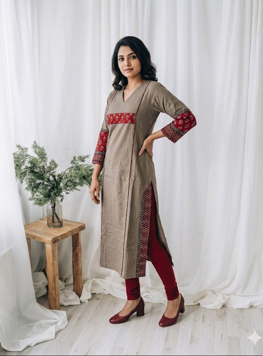 GREY AJRAKH PRINT KURTI-6036