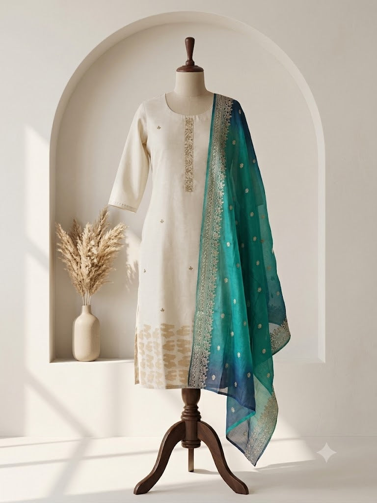 CREAM BANARASI SILK  ETHNIC SUIT-1481