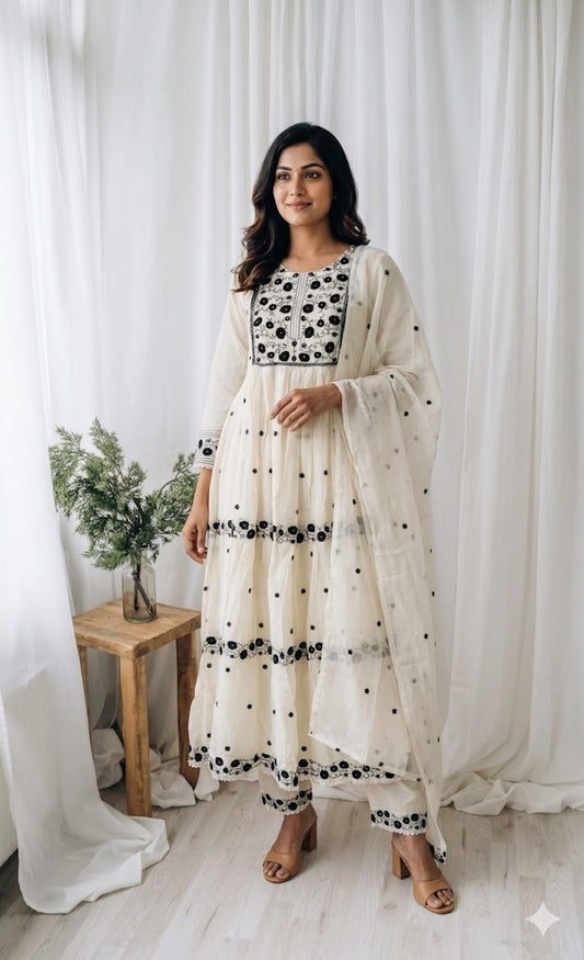 CREAM MUL COTTON KURTI SET-2066