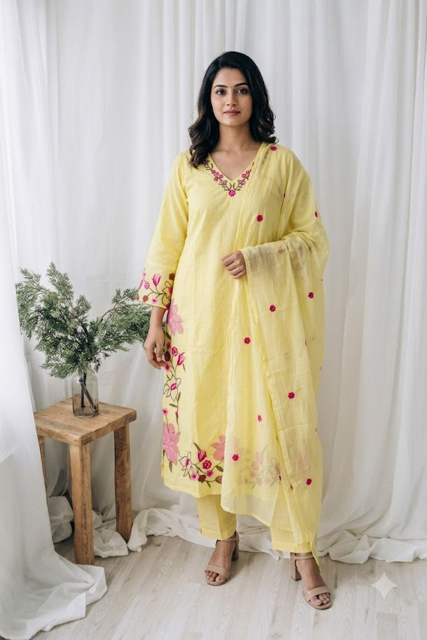 YELLOW FLORAL KURTI SET-1698