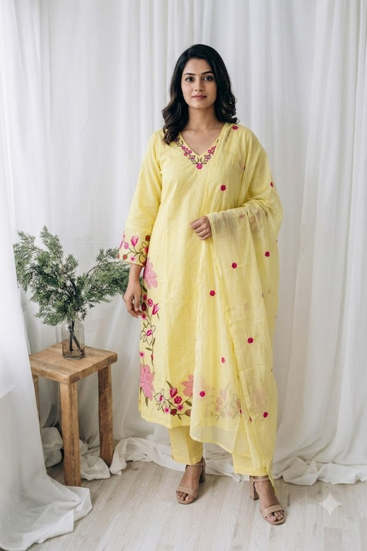 YELLOW FLORAL KURTI SET-1698