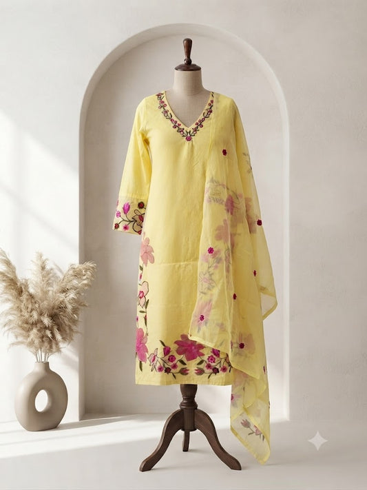 YELLOW FLORAL KURTI SET-1698