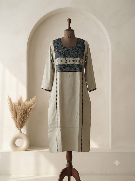 GREY AJRAKH MIRROR KURTI-6153