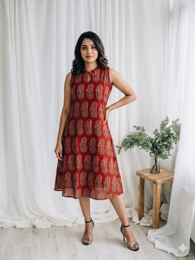 INDIE PRINT DRESS - MAROON-3029
