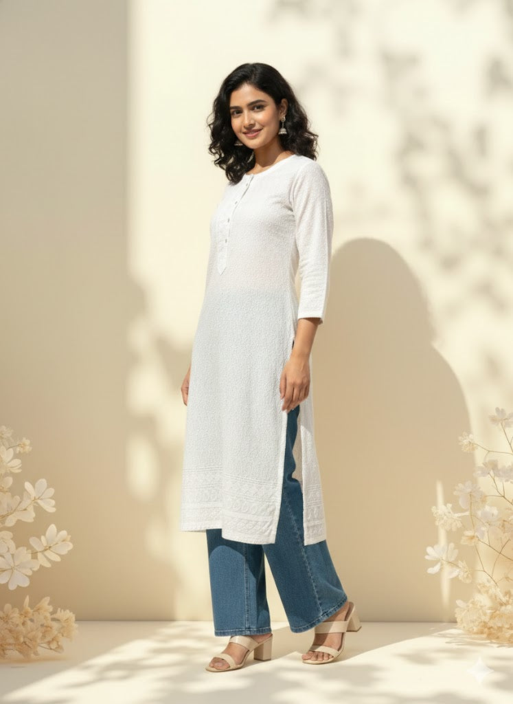 WHITE CHIKANKARI KURTI-1505