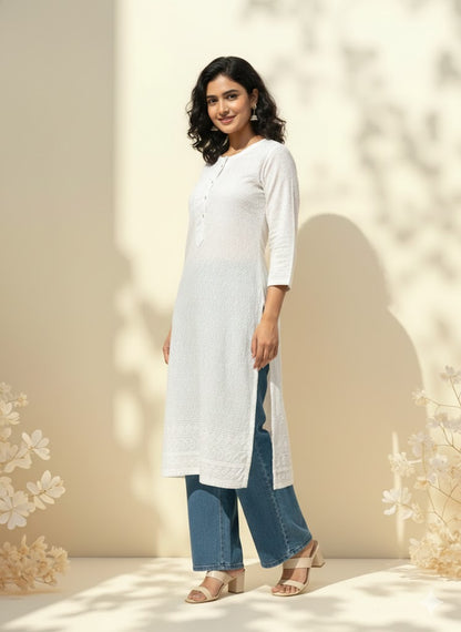 WHITE CHIKANKARI KURTI-1505