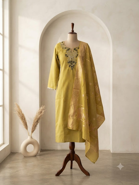 ROYAL WEAVE LIME GREEN ETHNIC SUIT-1577