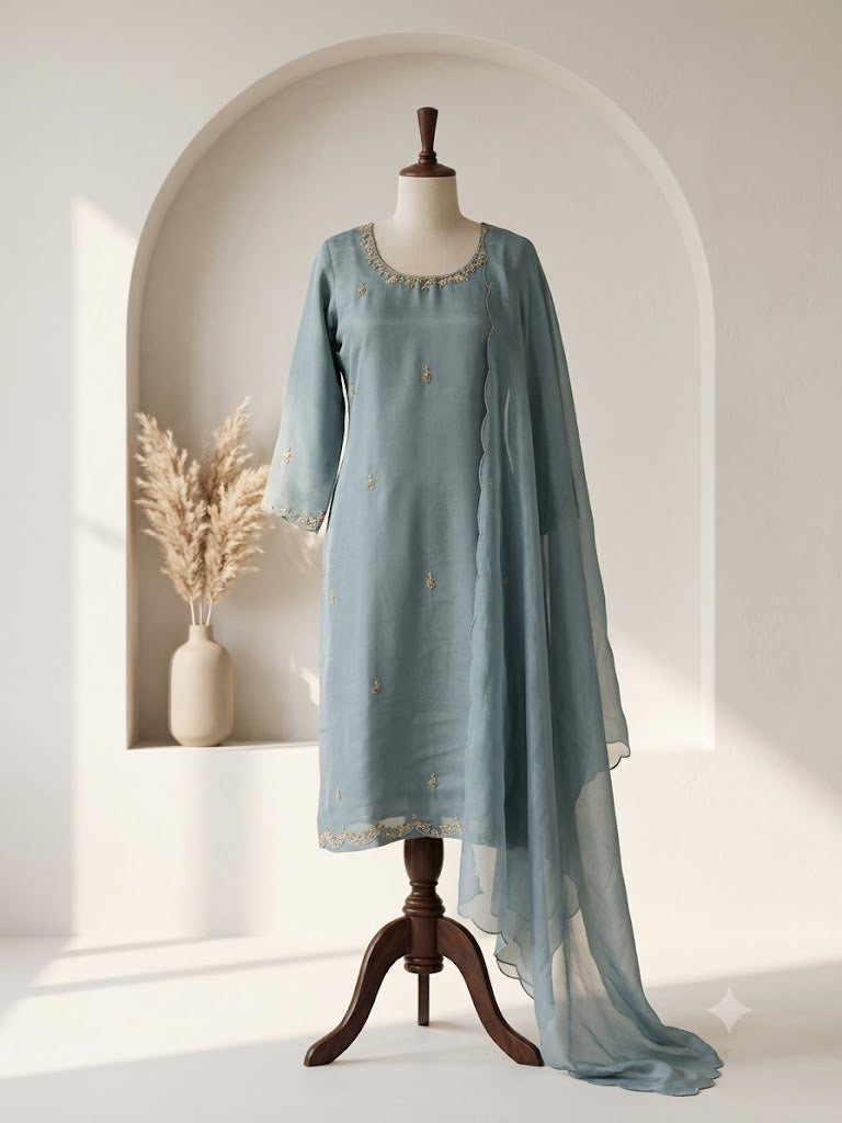 BLUE  SILK  ETHNIC SUIT-1525