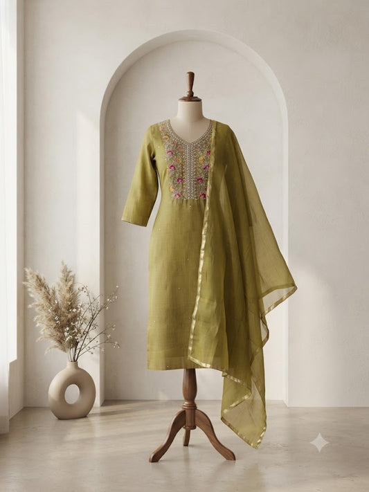 GREEN CHANDERI ETHNIC SUIT-1728