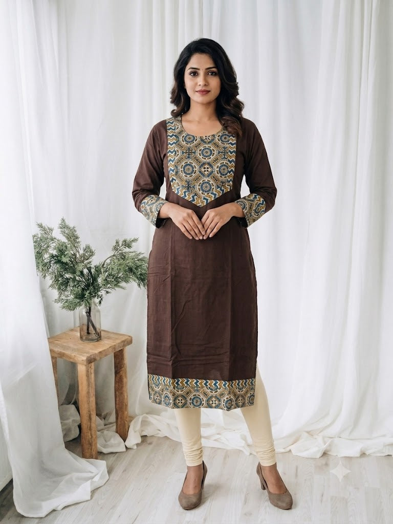 AJRAKH AURA BROWN KURTI-6090
