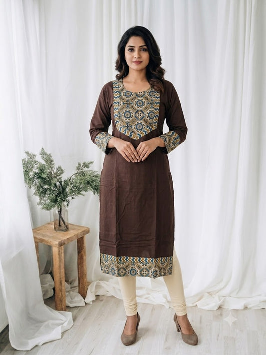 AJRAKH AURA BROWN KURTI-6090